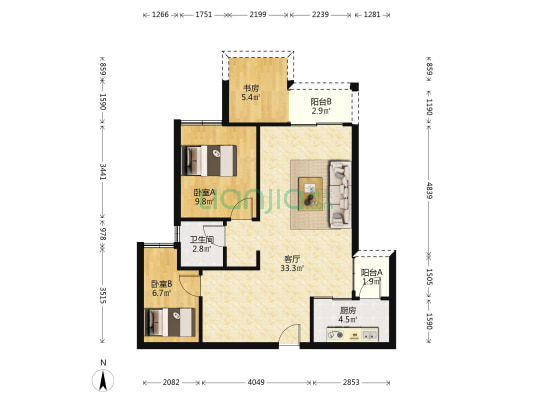 次新小区，正规三室一厅一厨一卫，采光好住家舒适-户型图