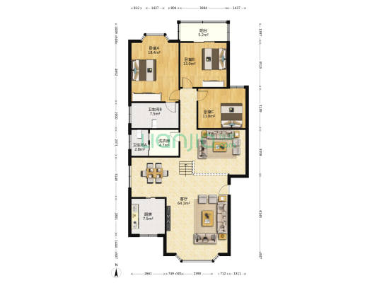 富康小区 3室1厅2卫 157平方