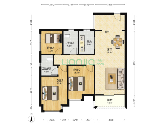 悠山时光 3室1厅2卫 110平方