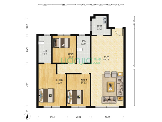 万盛书院 3室1厅2卫 126平方