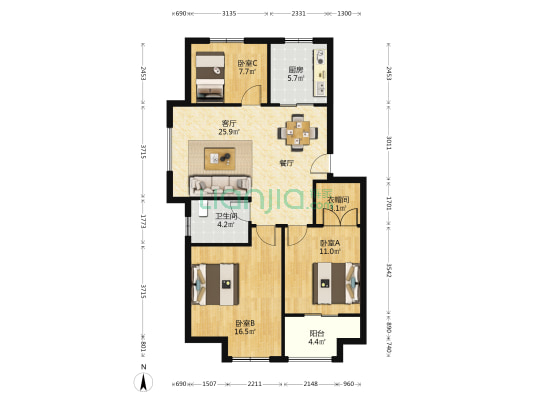 上水璞园 3室1厅1卫 97平方