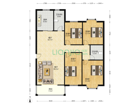 燕赵花园 4室2厅 南 北-户型图