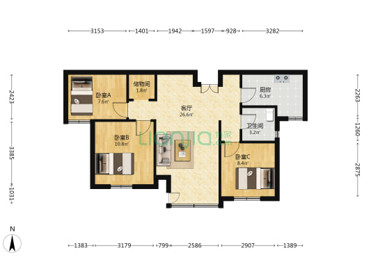卧龙溪岸东苑 3室1厅1卫 90平方
