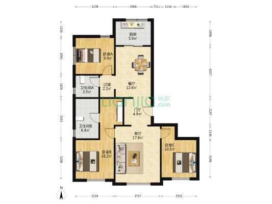 宾西路5号 3室2厅2卫 144平方