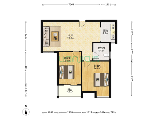 我家山水瑞雪苑 2室1厅1卫 84平方