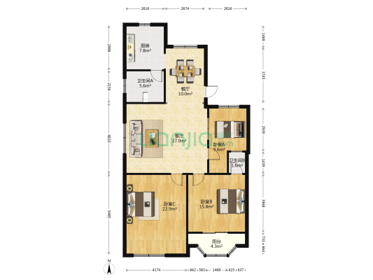 华日花园 3室2厅2卫 108平方
