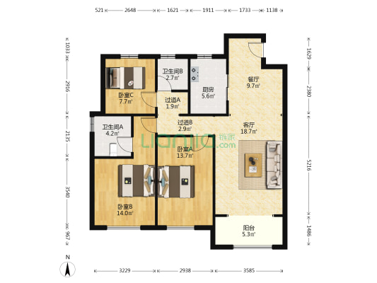 太原远洋红星天铂二期 3室2厅2卫 128平方