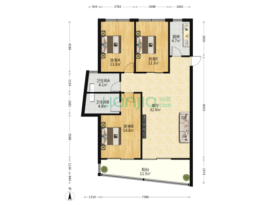 海岸名都 3室1厅2卫 118平方