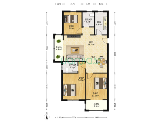 文欣花园 3室1厅2卫 121平方