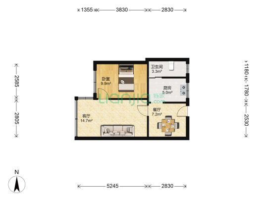 鲤鱼街8号 1室2厅1卫 51平方