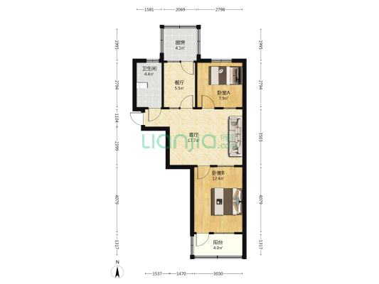 区城建家属院1 2室2厅1卫 65平方