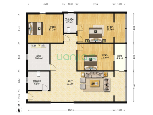 北顺城街186号 3室1厅2卫 145平方