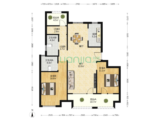 和达玥园 2室1厅2卫 117平方