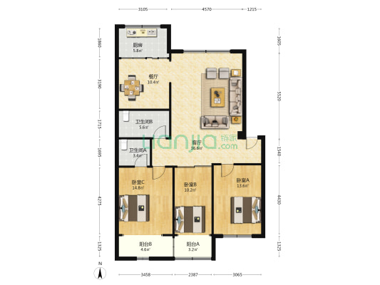 西桂小区 3室2厅2卫 128平方