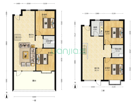 房子是四居室， 是一个下跃 ，南北通透-户型图