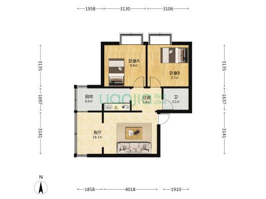 云南大学熙苑 2室1厅1卫 49平方