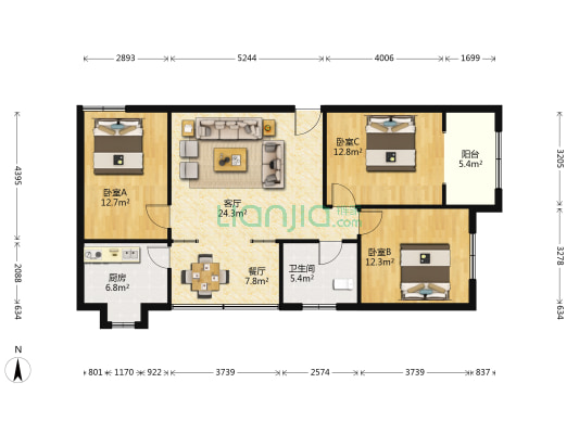 庞公家园 3室2厅1卫 108平方