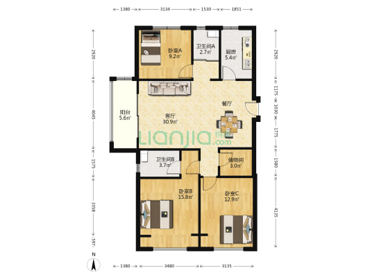 碧桂园西流湖名城一号院 3室1厅2卫 126平方