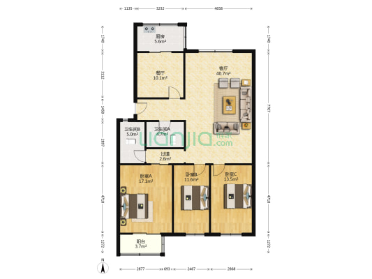 先锋公寓 3室2厅2卫 135平方