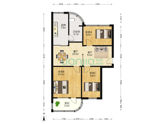 洪一二邨 3室2厅1卫 78平方