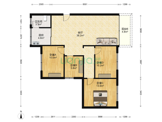 华富综合市场 4室1厅1卫 108平方