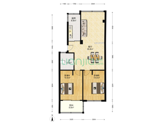 茶苑小区 2室1厅1卫 91平方