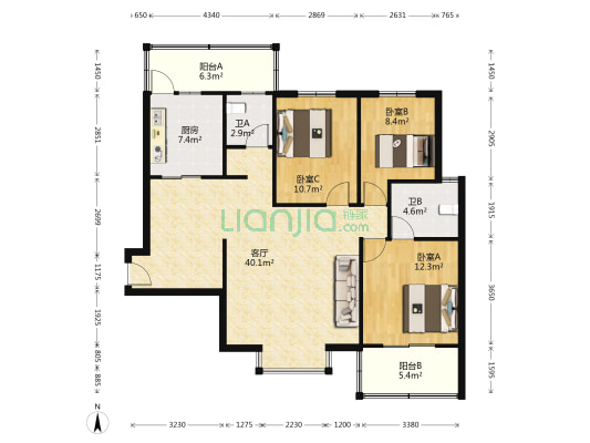 新方圆小区 3室1厅2卫 120平方