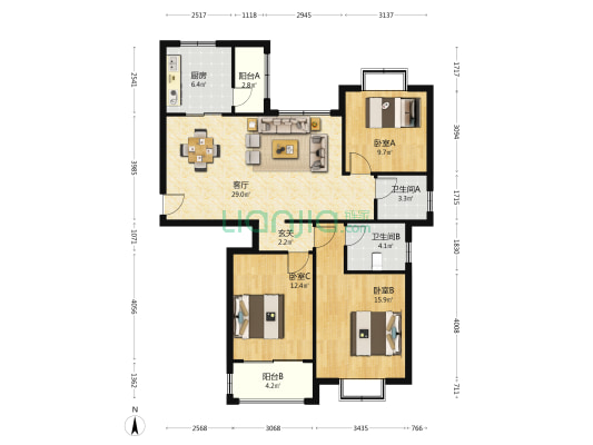 城市嘉园 3室1厅2卫 118平方
