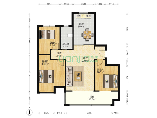 中央美地天玺 3室1厅1卫 112平方