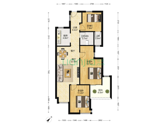 橡树湾四期 3室1厅2卫 82平方