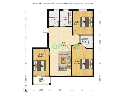 江南春城南区 3室1厅2卫 119平方