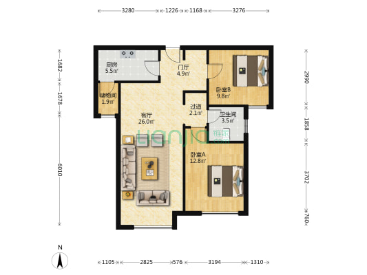 州河湾北园北区 2室1厅1卫 94平方