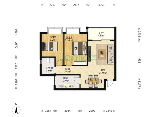 鑫瑞福居 2室1厅1卫 87平方