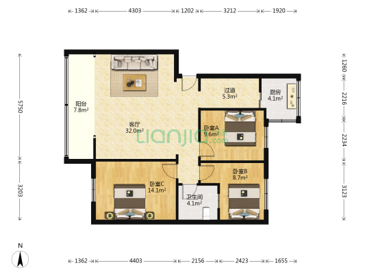 兰空六号院 3室1厅1卫 97平方