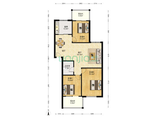华鑫现代城 3室1厅1卫 110平方