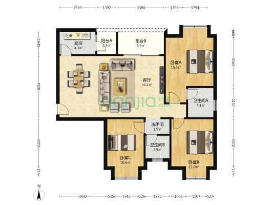 韩滩花园 3室1厅3卫 111平方