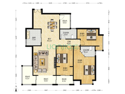 辉煌国际城一期 3室1厅2卫 141平方