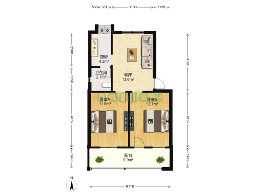 江大南路社区 2室1厅1卫 67平方