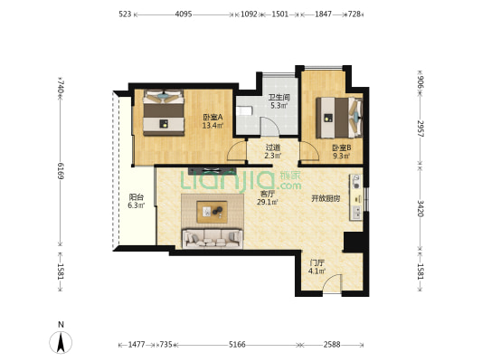 双大国际公馆 2室1厅1卫 72平方