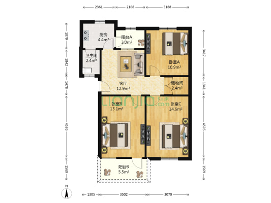 女监宿舍 3室1厅1卫 85平方