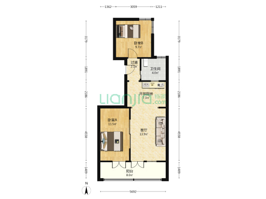 乌北小区 2室1厅1卫 77平方