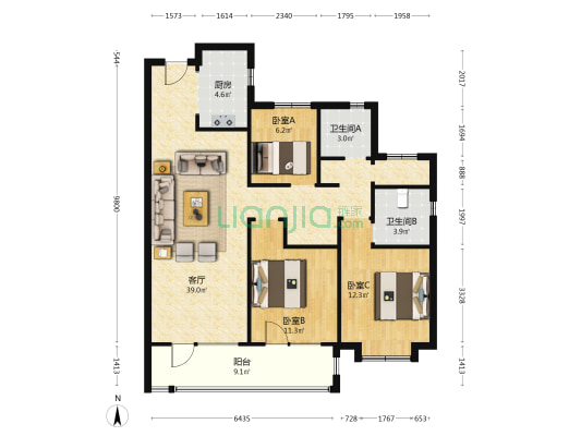 公元九里 3室1厅2卫 126平方