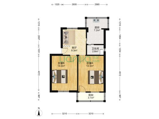 无线厂宿舍楼 2室1厅1卫 67平方