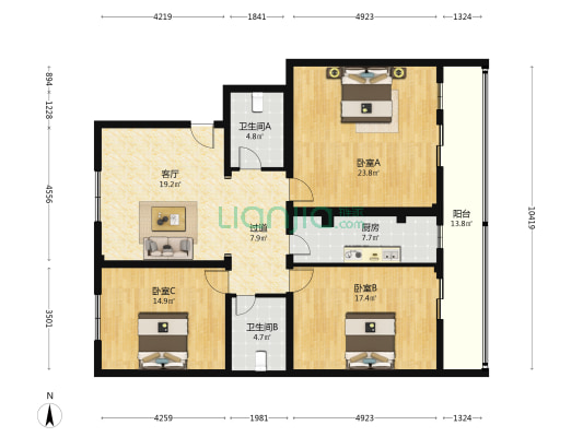 东土城路甲3号院 3室1厅2卫 129平方