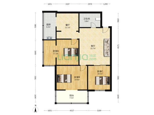 新建南路72号院 3室2厅1卫 118平方