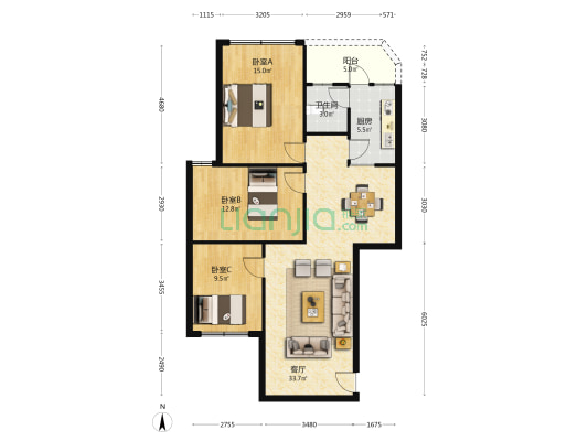 新城三号区 3室1厅1卫 85平方