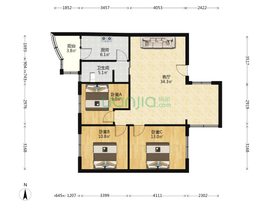 北元还原楼 3室1厅1卫 88平方