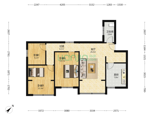 新星路（北碚） 3室1厅1卫 96平方