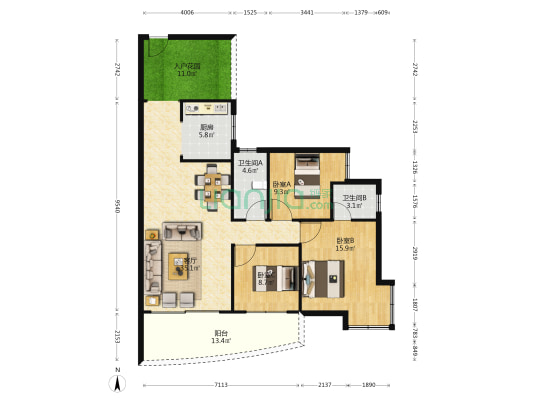中央华府 3室1厅2卫 123平方