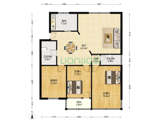东双桥公寓 2室1厅2卫 132平方